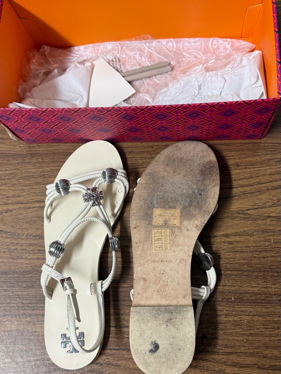 Tory Burch Shoes - Tory Burch White Leather Braided Thong Sandals with Silver Bead Accents